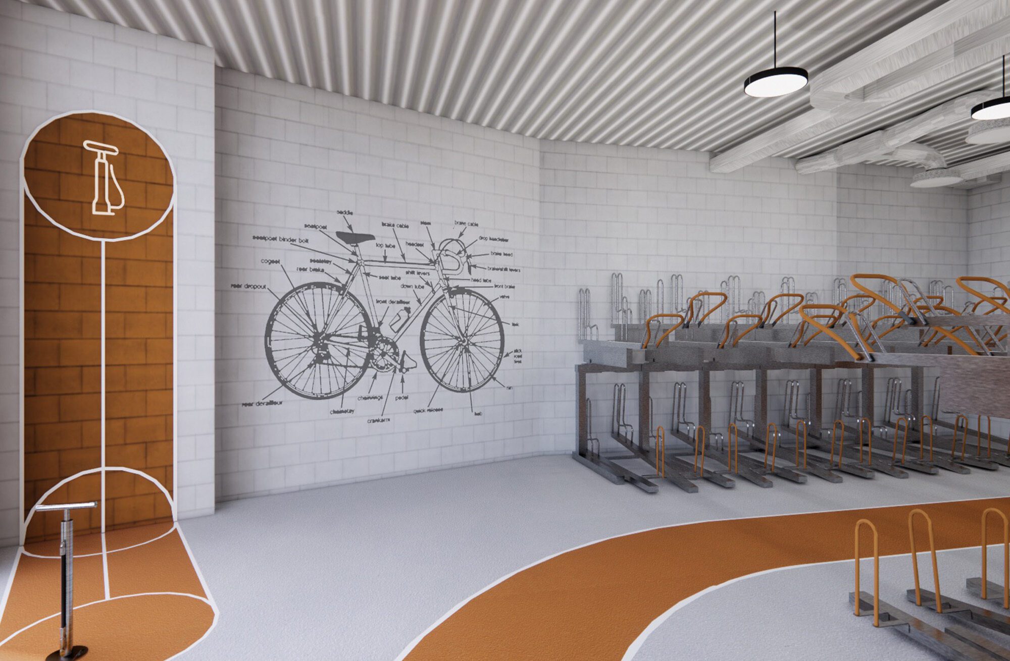 Custom-designed bike storage and maintenance area
